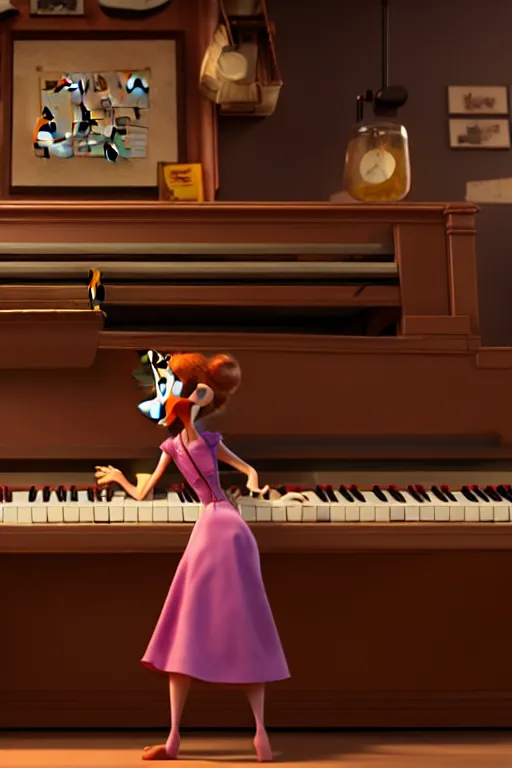 Image similar to the girl playing piano on a bar. pixar disney 4 k 3 d render funny animation movie oscar winning trending on artstation and behance. ratatouille style.