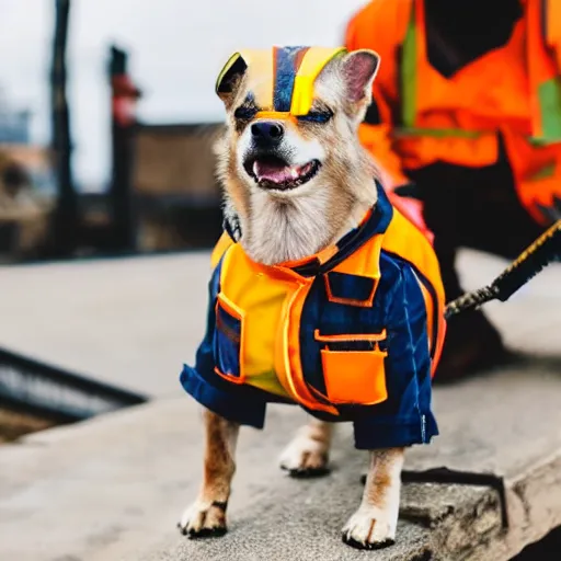 Prompt: a dog wearing construction work outfit with tools