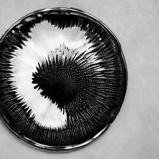 Prompt: rorschach test made of ferrofluid on a metal plate, hyper realistic