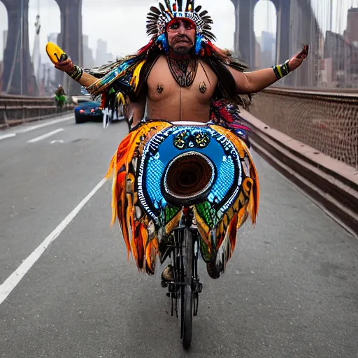 Prompt: an indigenous shaman dressed with a quetzalcoatl feathered serpent riding a bike in manhattan bridge