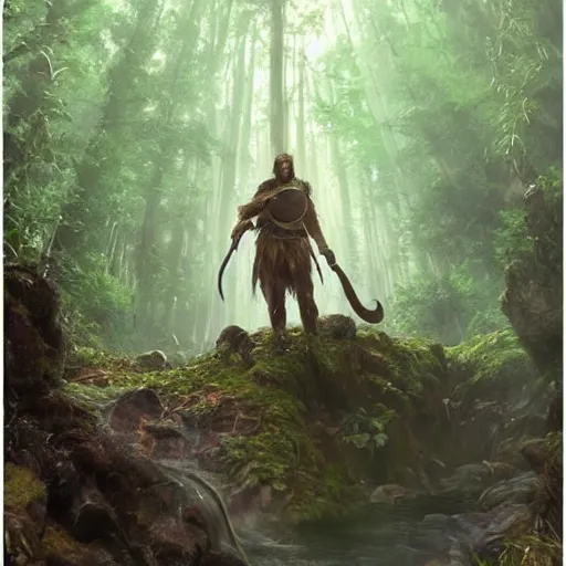 Prompt: beautiful portrait of an epic fantasy earth and nature god with medium length brown hair and a husky beard holding a dark metal sword in the deep forest as he looks at us, oil painting by Greg Rutkowski and Charlie Bowater and Artgerm, unreal 5, DAZ, epic RPG Portrait, trending on artstation, dynamic lighting, late afternoon lighting, forest, green theme, afternoon light