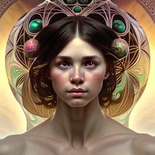 Image similar to Portrait of a girl surrounded by floating orbs, face, fantasy, intricate, elegant, highly detailed, digital painting, artstation, concept art, smooth, sharp focus, illustration, art by Gil Bruvel and Fernanda Suarez and Artem Demura and alphonse mucha