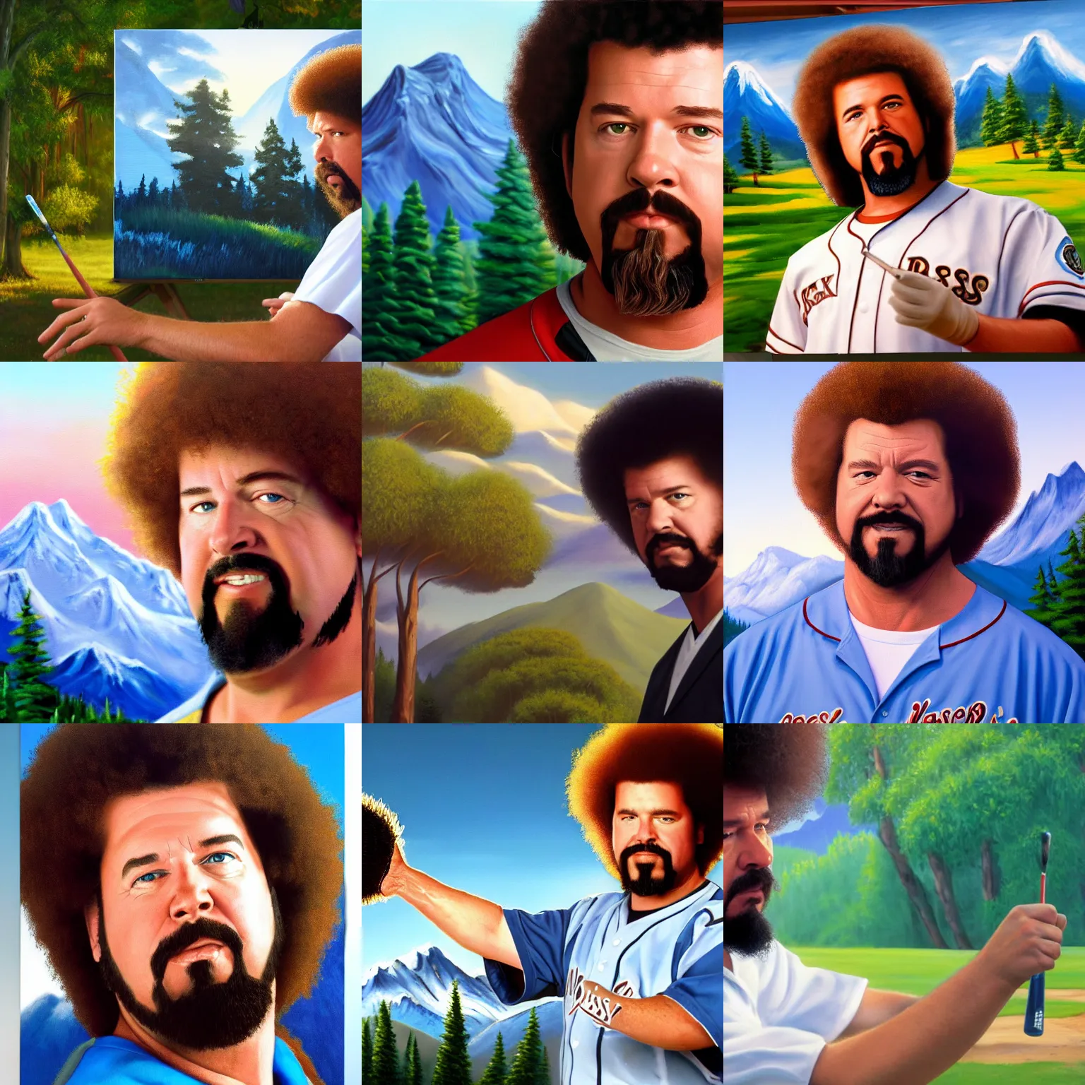 Image similar to a closeup photorealistic photograph of bob ross painting kenny powers dressed in baseball uniform onto a canvas. mountains and trees. film still. brightly lit scene. this 4 k hd image is trending on artstation, featured on behance, well - rendered, extra crisp, features intricate detail, epic composition and the style of unreal engine.