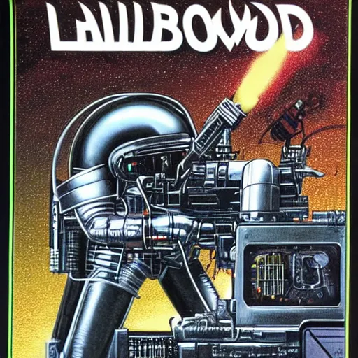 Prompt: 1 9 8 0's heavy metal album art, a shiny reflective detailed chrome cool cybernetic futurepunk 1 9 7 0's london punk rock android firing a giant rifle - style blaster rifle designed by ridley scott inside an alien spaceship