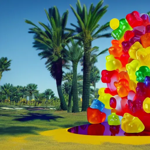 Image similar to promotional movie still life - size gummi bears, big, melting in the arizona sun in the largest frying pan in the world. 3 d, digital art, octane 3 d render, ue 5, cinematic, imax 7 0 mm, product lighting, dramatic lighting. concept art.