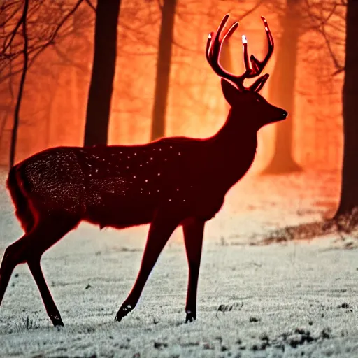 Image similar to deep rich red silhouette of a deer with white glowing magic in the air around him