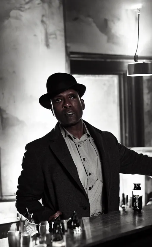 Prompt: a clean shaven black detective wearing a gray fedora, trench coat and suit, holding a shot glass of whiskey, leaning on a dark wood bar near a window, film noir lighting.