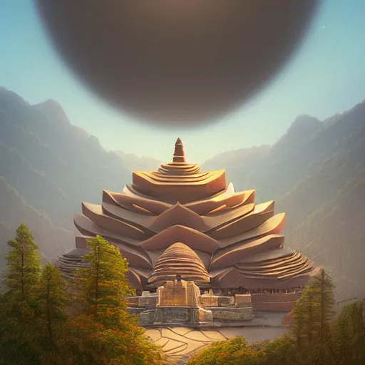 Image similar to A beautiful hyper realistic detailed matte painting of a lotus shaped temple nestled in forest mountains by John Howe and Albert Bierstadt and Alena Aenami and dan mumford and dave noton, unreal engine, trending on behance