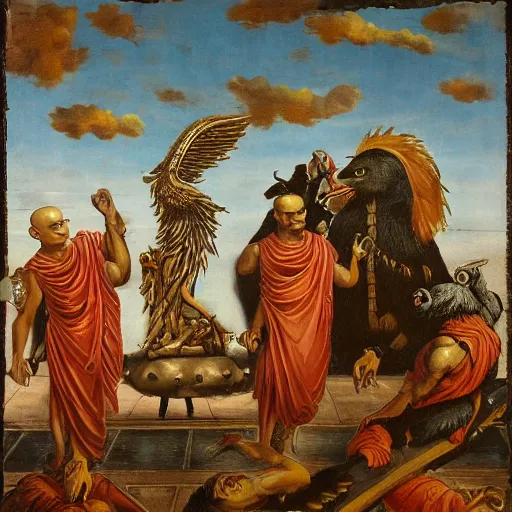 Image similar to hindu monks worshipping giant crow as devil on greek senete baroque painting, lionardo davinchi