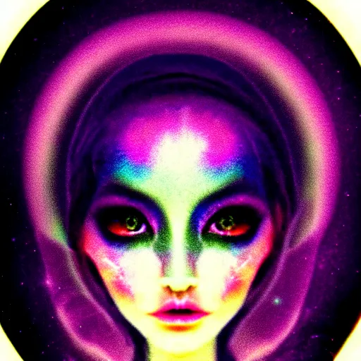 Image similar to grainy color polaroid of a beautiful feminine alien being consumed by darkness, iridescent eyes, dreamlike, digital art, intricate detail, 4k, hd