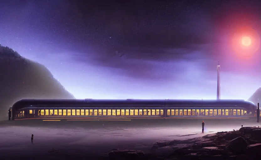 Prompt: exterior shot of utopian train station on in the middle of galaxy with cinematic lighting by peter zumthor and renzo piano, darek zabrocki and greg ruthkowski, simon stalenhag, cinematic, holy place, paradise, scifi, futurism, atmospheric, concept art, artstation, trending on artstation