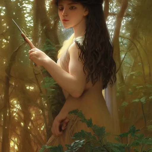 Image similar to painting of a mystic young girl in the forest, intricate, elegant, highly detailed, digital painting, artstation, concept art, smooth, sharp focus, illustration, art by artgerm and greg rutkowski and alphonse mucha and william - adolphe bouguereau