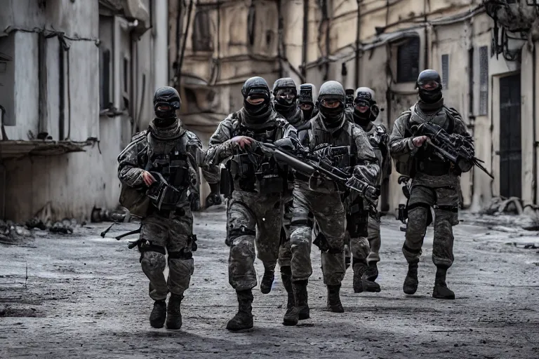 Prompt: Mercenary Special Forces soldiers in grey uniforms with black armored vest and black helmets in urban warfare in Russia 2022, Canon EOS R3, f/1.4, ISO 200, 1/160s, 8K, RAW, unedited, symmetrical balance, in-frame, combat photography