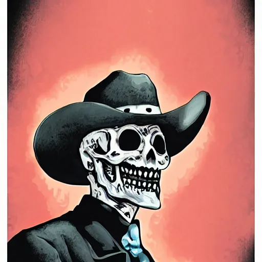 Prompt: skullfaced vaquero,, deathlike visage, pulp science fiction illustration