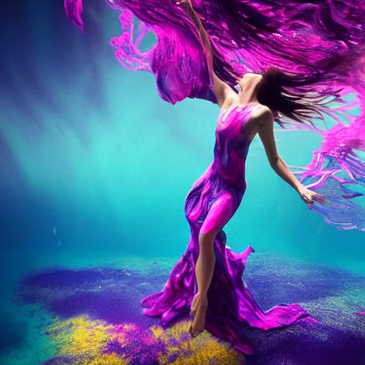 Image similar to masterpiece artwork of beautiful modern woman dancing underwater wearing a flowing dress made of blue, magenta, and yellow seaweed, delicate coral sea bottom, swirling silver fish, swirling smoke shapes, octane render, caustics lighting from above, cinematic, hyperdetailed