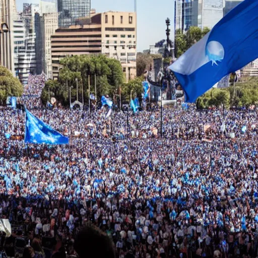 Image similar to Lady Gaga as president, Argentina presidential rally, Argentine flags behind, bokeh, giving a speech, detailed face, Argentina