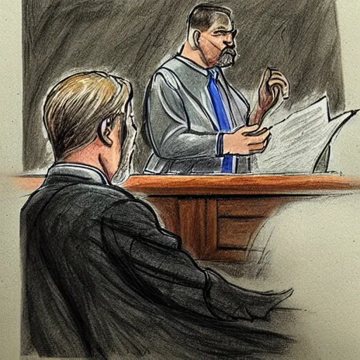 Prompt: courtroom sketch of a god arguing with the Jury
