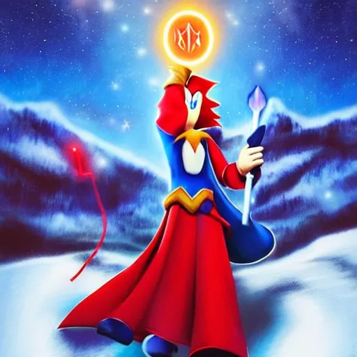 Image similar to red headed woman dressed in dark blue wizard robes holding a wooden staff covered in glowing red runes topped with a glowing gem. sonic the hedgehog stands beside her background of snowy mountains. fantasy painting.