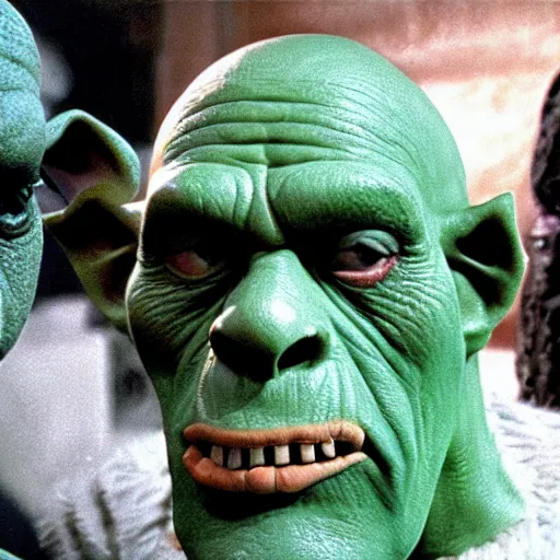 Image similar to green orc in the background kubrick staring at two men having a conversation in the foreground