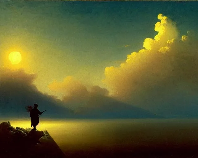 Image similar to A slightly silhouetted figure of a man with a guitar, clouds that look like mountains high in the sky, the clouds are a deep blue purple color with the sun blazing behind the clouds, art by Ivan Aivazovsky