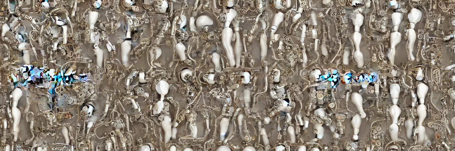 Prompt: seamless pattern of beautiful cybernetic baroque robots, beautiful baroque porcelain faces + body is clear plastic, inside organic robotic tubes and parts, front facing, wearing translucent baroque rain jackets, rococo frame + symmetrical composition + intricate details, hyperrealism, wet, reflections + by alfonse mucha, no blur