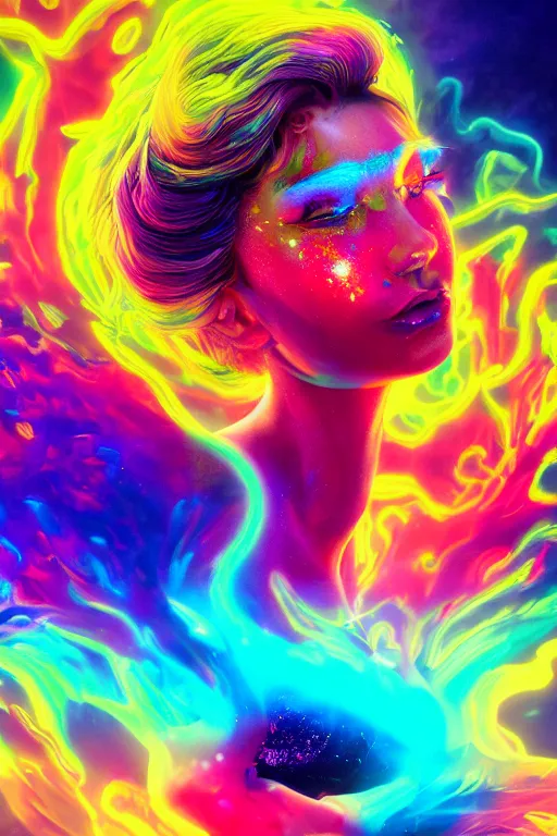 Prompt: a gorgeous girl engulfed in colorful liquid clouds and neon smoke, extremely psychedelic experience, psilocybin, dmt, lsd face, highly detailed, artstation, concept art, digital art by hana yata, and artem demura and beeple, octane render, unreal engine, 8 k