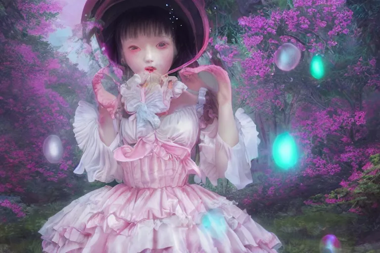 Image similar to creepy portrait of magical lolita girl in a Japanese garden, dreamy and ethereal, expressive pose, big pink eyes, peaceful expression, ornate frilly dress, fantasy, intricate, elegant, many rainbow bubbles, rose tones, dynamic lighting, highly detailed, 8k, digital painting, artstation, concept art, smooth, sharp focus, illustration, art by artgerm and greg rutkowski and alphonse mucha