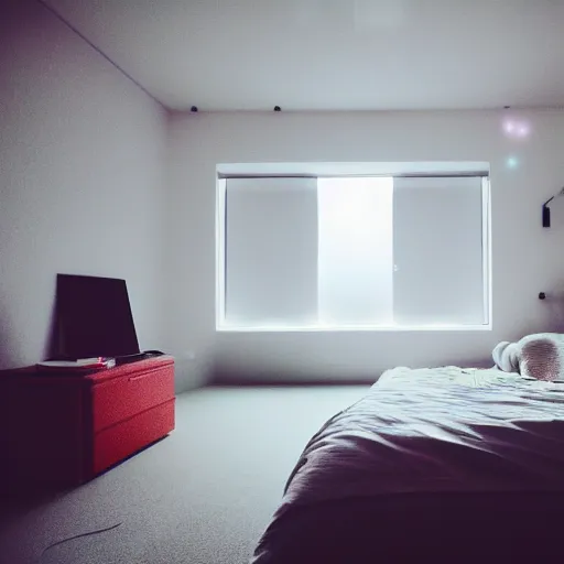 Image similar to calm photo of a futuristic otaku bedroom, bokeh + calm lighting