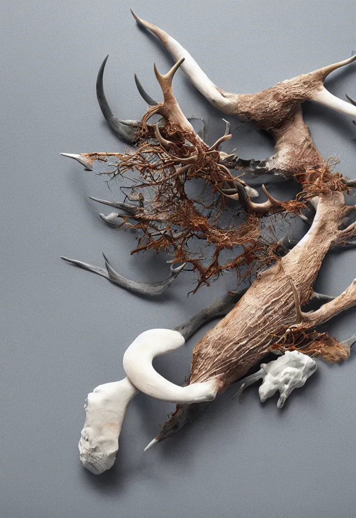 Image similar to delicate animal innards, antlers white bones ,melted wax, sharp slate. complementary color scheme. national geographic. 8k, rendered in octane, smooth gradients. narwhal