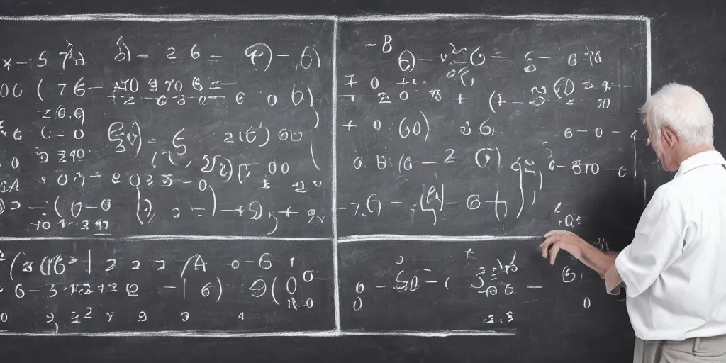 Prompt: old man trying to solve 2 + 2 equation on a black board, white chalk in hand, school theme, very detailed, realistic classified photography