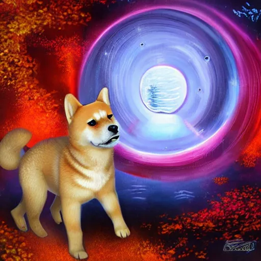 Image similar to shiba inu puppy walks through a dimensional portal, Fantasy Art