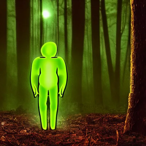 Prompt: film frame of a green glowing humanoid emerging from a dark forest full of dead trees at night, creepy, horror, uncanny, old camera footage, REC sign,