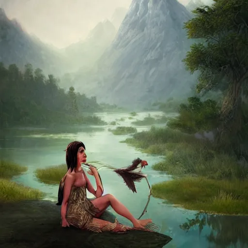 Prompt: Harpy, mythical hybrid, wearing Inka clothes, sitting at a pond, mountainous area, trees in the background, oil painting, by Fernanda Suarez and Greg Rutkowski