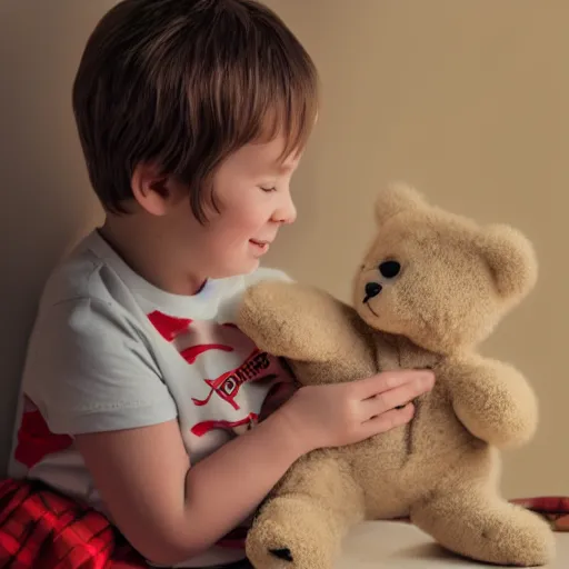 Image similar to little kid holding teddy bear, digital art