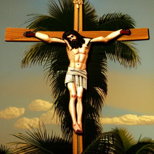 Image similar to Jesus crucified on a palm, photorealiatic,