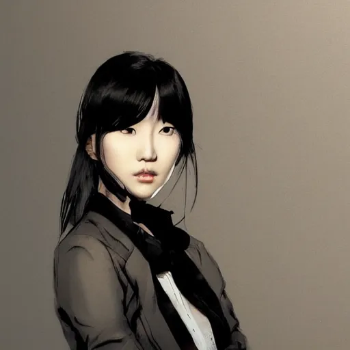 Image similar to portrait of a beautiful korean girl wearing a men's tuxedo, with bangs, very long hair and bangs, angular features, angry expression, dramatic lighting, illustration by Greg rutkowski, yoji shinkawa, 4k, digital art, concept art, trending on artstation