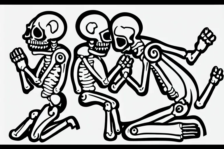 Prompt: two praying skeletons kneeling facing each other, 2 d, vector, flat art, bland and white