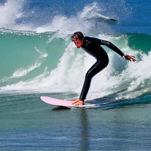 Prompt: a surfer using a snowboard to surf a wave, action photo