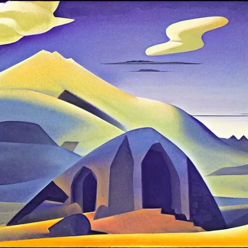 Image similar to an illustration of a white castle in a desertic landscape surrounded by mountain, stylised storm, by nicholas roerich, by frank frazetta by georgia o keeffe by frederick william elwell, by hans emmenegger, by eyvind earle highly detailed, realistic, outline, line work, fantasy, oriental, stylised flat colors, animation