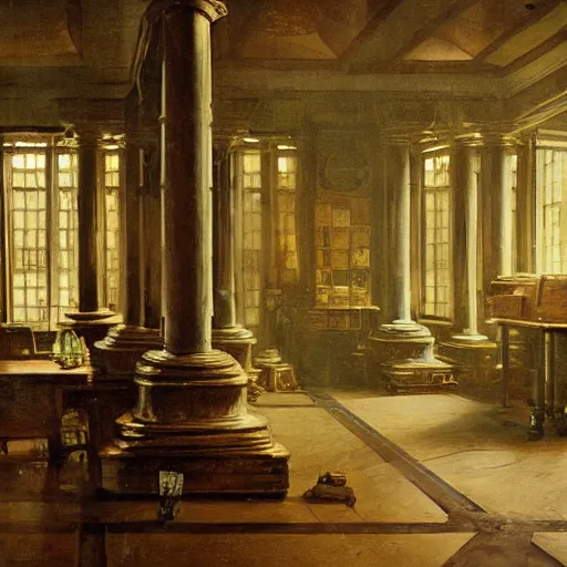 Image similar to painting of a scifi ancient civilzation victorian computer room with pillars, andreas achenbach