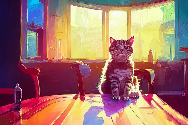 Image similar to a digital art of a cat sits on a chair in a bar in the afternoon, the sun shines in, animal, light effect, highly detailed, by anton fadeev