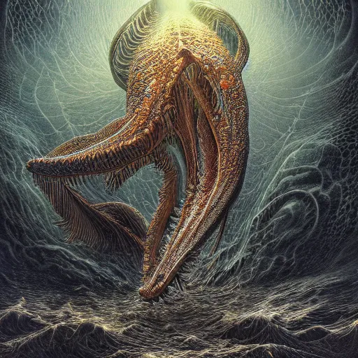 Prompt: photorealistic cryptid aquatic beast in the style of michael whelan and gustave dore. hyperdetailed photorealism, 1 0 8 megapixels, amazing depth, glowing rich colors, powerful imagery, psychedelic overtones, 3 d finalrender, 3 d shading, cinematic lighting, artstation concept art