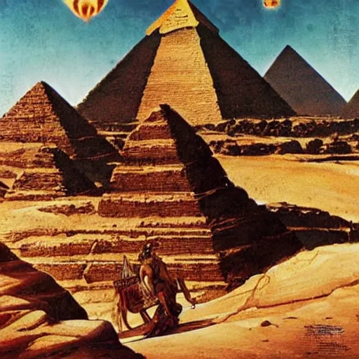 Image similar to joe rogan, king of the pharaohs, fends off aliens atop the pyramid of giza as a war of the world style invasion is happening. masterpiece illustration by albert bierstadt and billy butcher. h 6 4 0