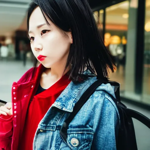 Image similar to a closeup portrait of woman walking in mall alone in style of 1990s, street photography seinen manga fashion edition, focus on face, eye contact, tilt shift style scene background, soft lighting, Kodak Portra 400, cinematic style, telephoto