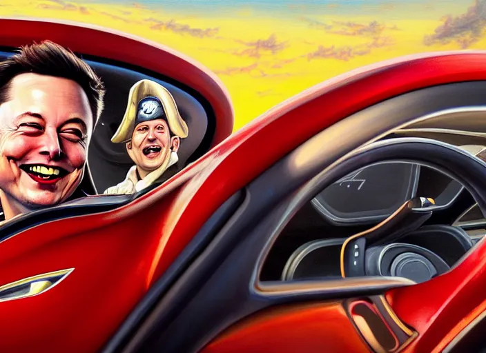 Image similar to highly detailed painting of a grinning Elon Musk as a pirate captain, proudly posing behind the wheel of his Tesla Roadster, artstation, cinematic lighting, hyperdetailed, cgsociety, 8k, high resolution, insanely detailed and intricate, concept art, smooth, sharp focus, illustration, art by John Philip Falter, Art Nouveau, masterpiece