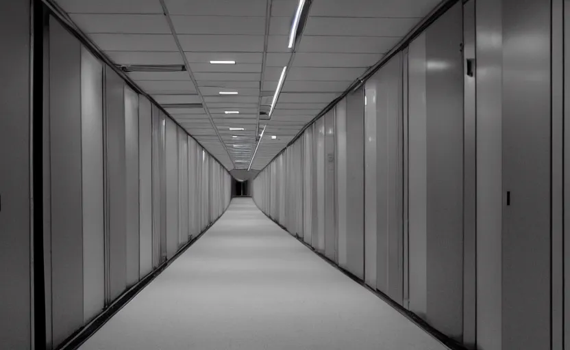 Image similar to spooky photo of an infinite hallway with open lit doorways all the way down, dramatic lighting, smoke, ceiling fluorescent lighting