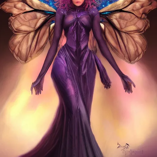 Image similar to detailed portrait of a dark fairy queen with wings holding a silk cloth wearing a robe, crown, pixie, iris, realism, emerald, galaxy, sapphire,dark purple crown,leaves, moonlit, dark fantasy, dramatic lighting, cgsociety, artstation