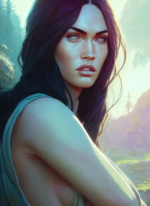 Image similar to Highly detailed portrait of Megan Fox, Stephen Bliss, unreal engine, fantasy art by Greg Rutkowski, Loish, Rhads, Makoto Shinkai and Lois van baarle, ilya kuvshinov, rossdraws, Tom Bagshaw, global illumination, radiant light, detailed and intricate environment