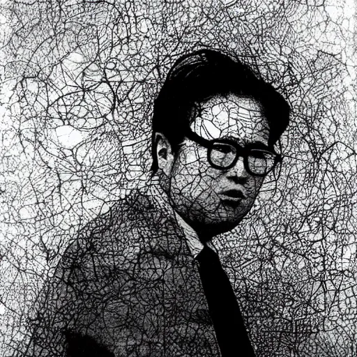 Image similar to Yoshitaka Amano realistic illustration of jeb bush ,hair fluttering in the wind, cracks on his face, square jaw, abstract black and white patterns on the background, noisy film grain effect, highly detailed, Renaissance oil painting, weird portrait angle, blurred lost edges, three quarter view