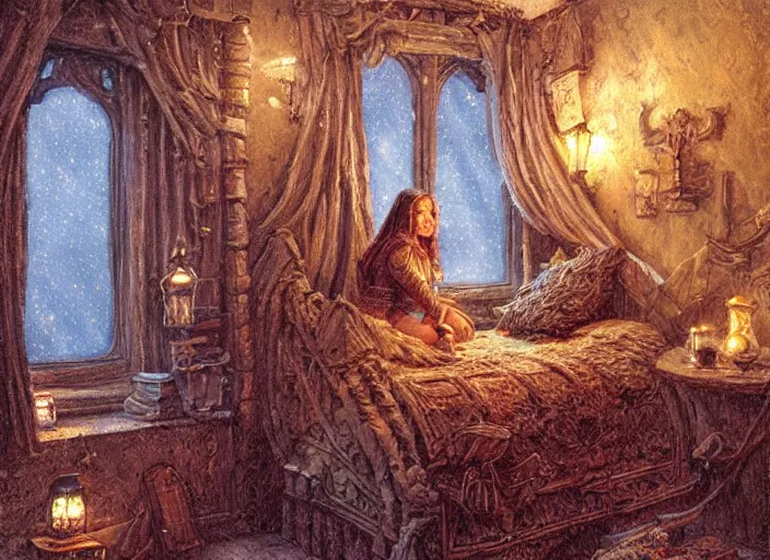 Prompt: beautiful dwarf woman on her cozy lamp lit bedroom at night, snowstorm outside through windows, stone dwarven house, beautiful scene, intricate, detailed, warm light, confortable atmosphere, high quality, by donato giancola and ralph horsley, cute, chubby, good night